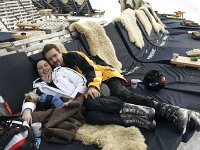  After a walk in the snow, Lilly settles down with Lynn and I for a rest at the Jatzhtte, Davos