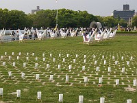  The cranes built by the boy scouts were placed near the atomic bomb museum. Lights were placed underneath them for the evenings.